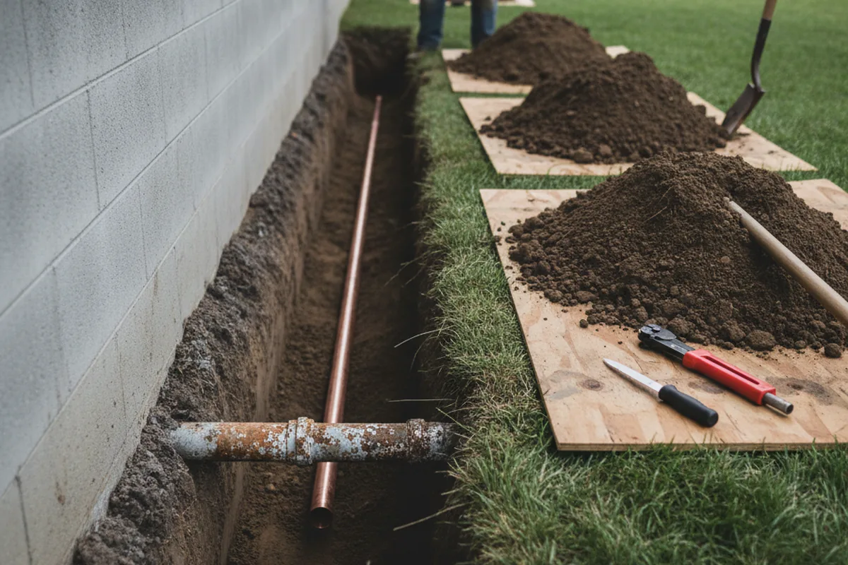 Excavated water line trench during Sewer Line Repair in Bylas